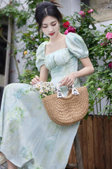 Lizakosht Summer Romantic Green Print Dress Woman Retro French Style Puff Sleeve Elegant Lady Midi Dresses For Date Party Vestido Festa