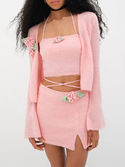 Lizakosht Knitted Pink Three Piece Set Women Sexy Flower Camisole Top+Cardigan+Lace Up Skirt Suits Autumn Sweet Hottie Outfits