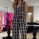 Lizakosht Women Two Piece Set Summer Fashion Plaid Print V Neck Sleeveless Top Casual Loose Wide Legs Pants Sets High Streetwear