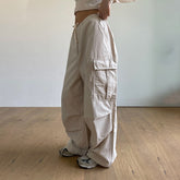 Lizakosht Ladies Harajuku Baggy Drawstring Pockets Cargo Pants Women Letter Embroidery Low Waist Casual Straight Trousers