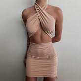Lizakosht Silk Cross Neck Tie Rope Pleated Party Nightclub Hip Wrap Skirt Dress Summer Women's Dress