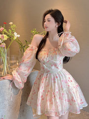 Holiday Chiffon Floral Dress Long Sleeve Women Summer Dress Oversized Off Shoulder Sexy High Waist Sweet Mini Beach Dress