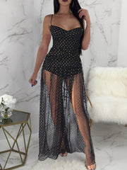 Lizakosht Summer Sexy Mesh Patchwork See-Through Party Dress Elegant Dot Print Sleeveless Sling Dress Women Fashion Chic Slit Beach Dress