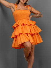 Lizakosht Elegant High Waist Stitching Ruffle Cake Dress New Women Solid Tie-up Straps Mini Dress Summer Fashion Casual A-Line Party Dress