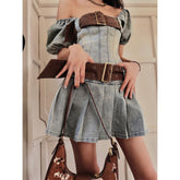 Lizakosht Sexy Y2k Dress Denim Women Streetwear Chic Bodycon Summer Mini Dresses Pleated Square Collar Puff Sleeve Party Robe