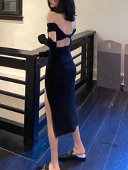 Spring Fashion Women Sexy Split Backless Off Shoulder Knitted Dress Female Club Party Y2K Dress
