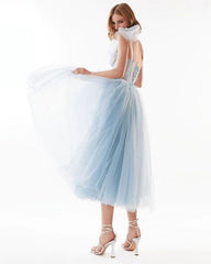 Lizakosht Fashion Women Summer Mesh Tulle One Shoulder Bow Prom Evening Dresses Female Elegant Midi Long Vesidos Blue