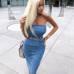 Lizakosht Women Summer Sleeveless Denim Mini Dress Sexy Zipper Backless Strapless Tight Jeans Dress Woman Fashion Back Split Party Dresses