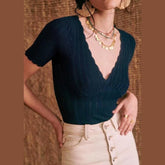 Lizakosht Women Square Neck Pretty Stitch Short Sleeve Knit Top Pointelle Knit Top With Wave Trim tees short lace tops 4PC3