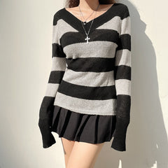 Knitted Stripe Sweater Women Vintage V Neck Long Sleeve Sweatshirts Tops Female Spring Loose Cute Preppy T Shirt Pullover