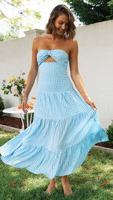 Lizakosht 2022 New Fashion Sexy Smock Halter Croset Plaid Hollow Out Summer Dress Women Backless Sundress Swing Long Dresses