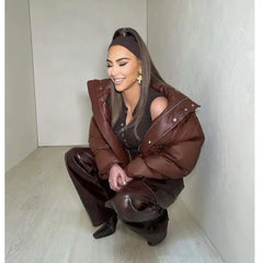 Lizakosht Winter New Women PU Leather Cotton Coat Zipper Stand Collar Short Coat Cotton-padded Jacket Brown Streetwear Casual Ladies