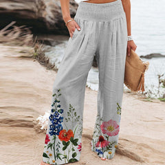 Lizakosht Spring Summer Elastic Waist Pockets Pant Women High Waist Print Office Pants Vintage Harajuku Straight Loose Long Trousers