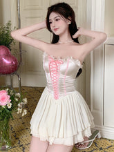 Lizakosht Sexy Office White Lace Up Backless Slim Wrapping Women Korean Summer Bow Collar Mesh Suspenders Ruffles Mini Vest Dresses Female