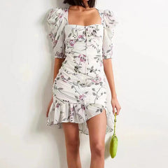 Lizakosht Spring and Summer New Women Printed Square Collar Pleated Waist Slim Fishtail Dress
