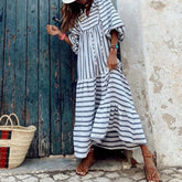 Fashion Hollow Out Lace-up Loose Dress Women Casual Striped Print Lantern Long Sleeve Dress New Autumn Elegant A-Line Long Dress