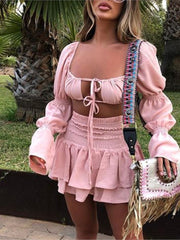 Lizakosht Sexy Solid Tops Suits Women Fashion Tie Belt Long Sleeve Hollow Out Suit Women Elegant Mini Skirts Suits Female Summer Outfit