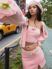 Lizakosht Knitted Pink Three Piece Set Women Sexy Flower Camisole Top+Cardigan+Lace Up Skirt Suits Autumn Sweet Hottie Outfits