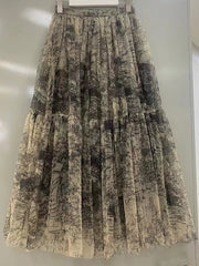 Lizakosht A sense of design early spring new ink print dress elegant French retro high waist slim double mesh skirt design skirt.