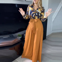 Lizakosht Spring Summer Commute Long Sleeve Blouse Outfits Fashion Print Tops Shirt And Belted Wide Leg Pants Suit Women Casual Loose Sets