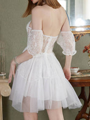 Lizakosht New Women'S V-Neck Strapless Sexy Lace Mini Princess Dress Lady White Bridesmaid Formal Prom Evening Party Dresses Vestido