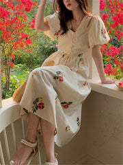 Lizakosht Summer Floral Print Midi Dress Korean Style Women Casual Puff Sleeve Single Breasted Vestidos Ladies 2023 New Clothing