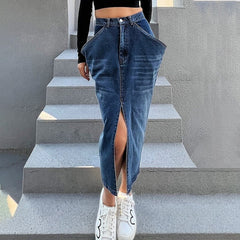 Lizakosht Blue Midi Denim Skirt Women's 2022 Spring Summer New Design Blue Exaggerated Large Pockets Slit Fashion Mid Calf Denim Skirts