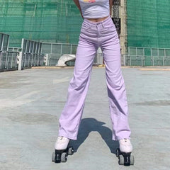 Lizakosht Vintage Women's Jeans High Waist Baggy Jeans Streetwear Light Purple Cargo Pants Denim Straight Trousers Casual Jeans