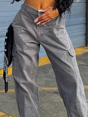 Grey Pocket High Waist Cargo Pants Oversized Jeans Women 2022 Y2K Streetwear Fashion Retro Loose Straight Wide Leg Pants Women
