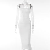 Wepbel Sexy Midi Dress Hot Girl Hollow-out Low-Cut Bodycon Sheath Tight Dress See-through Voile Long-Sleeved Dress Club Party