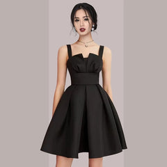 New 2022 Black Spaghetti Strap Mini Dress Sleeveless Sexy A-Line Party Dresses Satin Banquet High Waist Women Vestidos F175