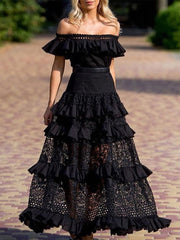 LIZAKOSHT - Elegant Cascading Ruffles Lace Splicing Slim Dress Women Solid Off Shoulder Hollow Party Dress Summer Waist A-line Beach Dresses