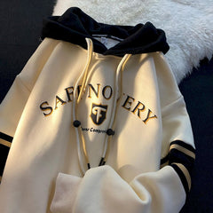 Japanese Retro Color-blocking Hooded Sweatshirt Women Oversized Fake Two-piece Stitching Letters Plus Velvet Jacket Sweatshirt
