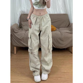 Retro Couples Straight New Oversized Pocket Cargo Pants Girls Casual Pants Streetwear Wide Leg Pants Apricot Cargo Pants