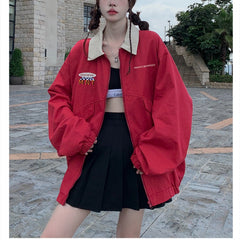 Lizakosht Women's American Red Loose Long Sleeve Cardigan Coat Spring Autumn New Chic Sports College Neutral Female Zipper Thin Jacket