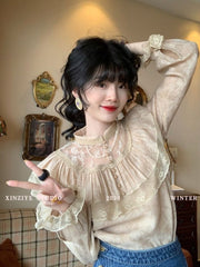 Lizakosht Elegant French Blouse Women Temperament Sweet Ruffles Loose Patchwork Tops Lady Vintage Hollow O-neck Long Sleeve Sweet Shirts