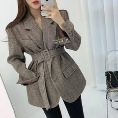 Lizakosht Korean Version of Chic Temperament Herringbone Pattern Bandage Waist Was Thinner Quilted Thick Suit Woolen Jacket Women New