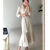 Lizakosht Autumn Winter Vintage Long Dress Korean Style Full Sleeve Double-breasted Pleated Hem Casual Dresses Women with Belt
