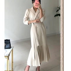 Lizakosht Autumn Winter Vintage Long Dress Korean Style Full Sleeve Double-breasted Pleated Hem Casual Dresses Women with Belt