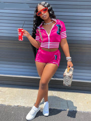 Lizakosht  Letter Striped Active Women 2pcs Set Short Sleeve Jacket and Shorts Set Sport Sweatsuit Tracksuit Two Piece Set Outfits