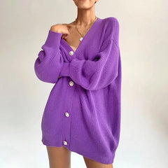 Lizakosht Cardigan Jacket Women Autumn Winter Fashion Casual Loose Solid Color Long-sleeved Single-breasted V-neck Button Sweater
