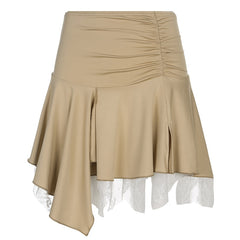 Lizakosht Lace Patchwork Irregular Y2K Pleated Skirts Woman Ruched Low Waist Cute Kawaii Clothes Khaki Vintage Preppy Mini Skirt