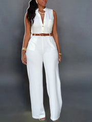 Lizakosht Women Casual Sleeveless One Piece Romper Office Sexy V-neck Shirt Jumpsuit Fashion Wide Leg Trousers With Belt Playsuit Overalls