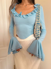 Lizakosht Blue Bodycon Shirts For Women Long Sleeve Slim Street Casual Y2k Top Ladies Holiday Fashion Lace Up Crop Tops Femme 2023