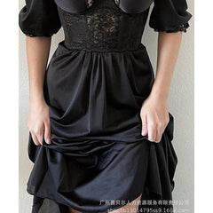 Lizakosht Summer Fashion Solid Color Lace Pleated Stitching Ruffle Dress Women's Dress Women's Short Puff Sleeve V-neck High Waist Dress