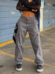 Grey Pocket High Waist Cargo Pants Oversized Jeans Women 2022 Y2K Streetwear Fashion Retro Loose Straight Wide Leg Pants Women