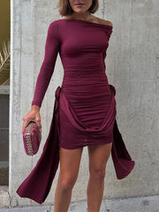 Lizakosht Flower Bodycon Dress For Women Pleated Slim Long Sleeve Dress Solid Sexy Holiday Beach Casual Summer Mini Dresses Women's