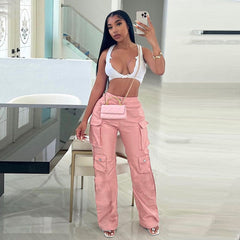 Lizakosht PU Faux Leather Pink Cargo Pants for Women Multi Pocket Hip Hop Straight-Leg Trousers Streetwear High Waist Slim Bottoms Casual