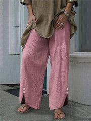 Lizakosht Women Casual Cotton Linen Long Pants Elegant Elastic Waist Button Solid Trousers Spring Summer Fashion Loose Wide Leg Pant