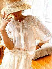 GypsyLady Elegant Chic White Blouse Shirt Loose Floral Embroidery Summer Women Blouse Lantern Sleeve Beading Office Ladies Tops